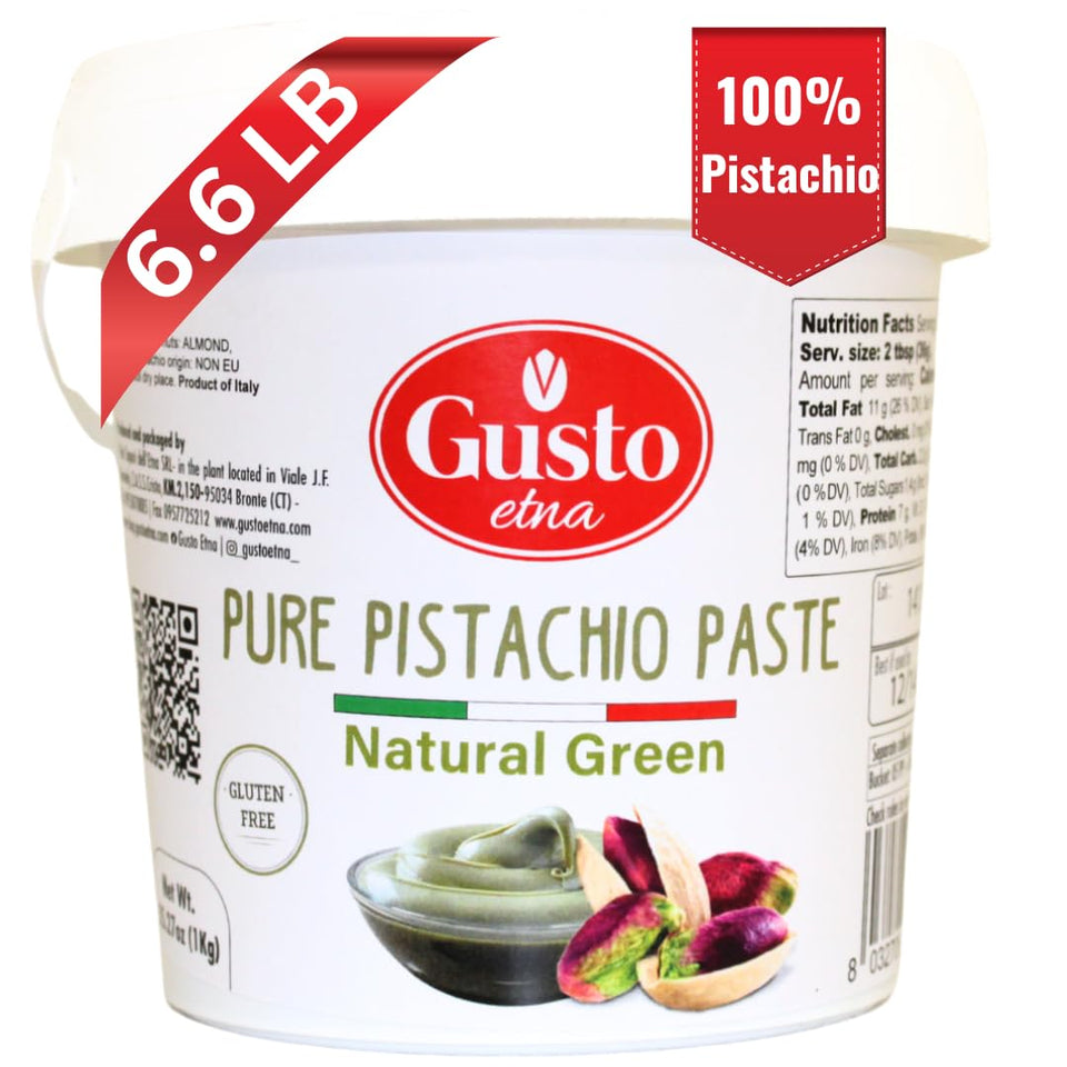 Gusto Etna pistachio paste bucket, ideal for baking and spreading.