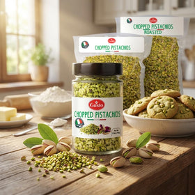 GUSTO ETNA bright green pistachios on a pastry.