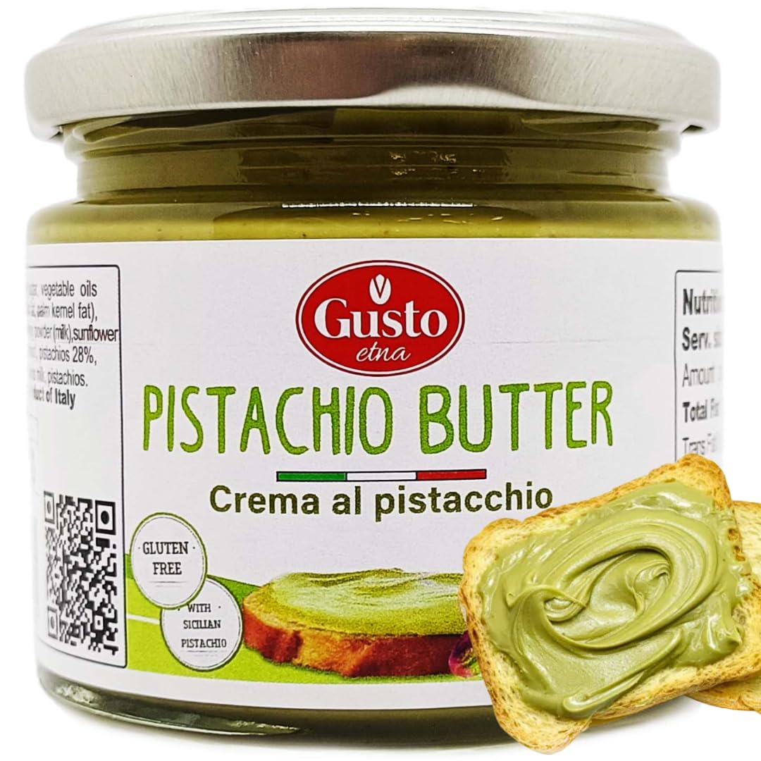 Gusto Etna Sicilian Pistachio Cream jar shows rich, creamy texture for spreading