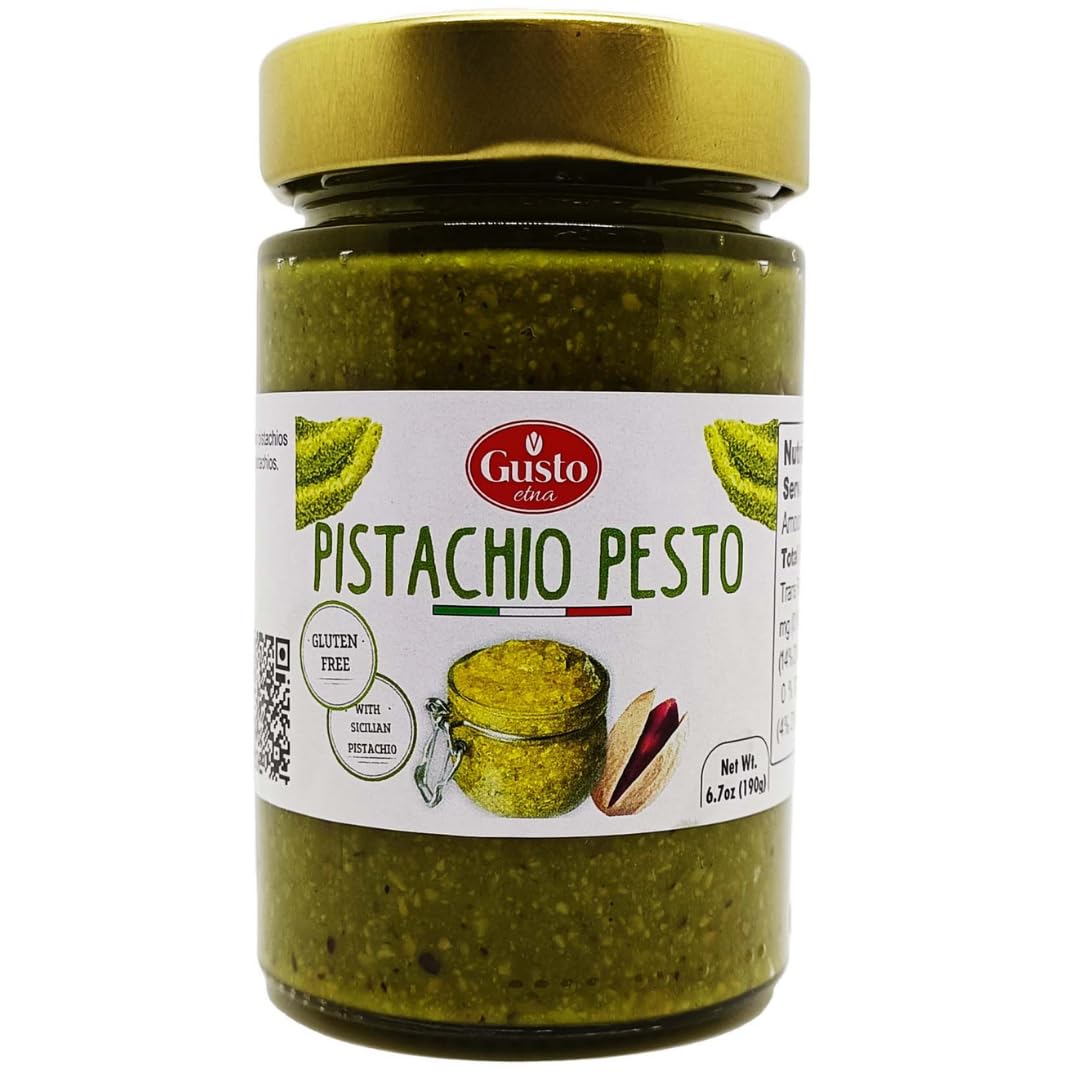 Gusto ETNA Sicilian Pistachio Pesto jar, ready to elevate pasta or bruschetta.