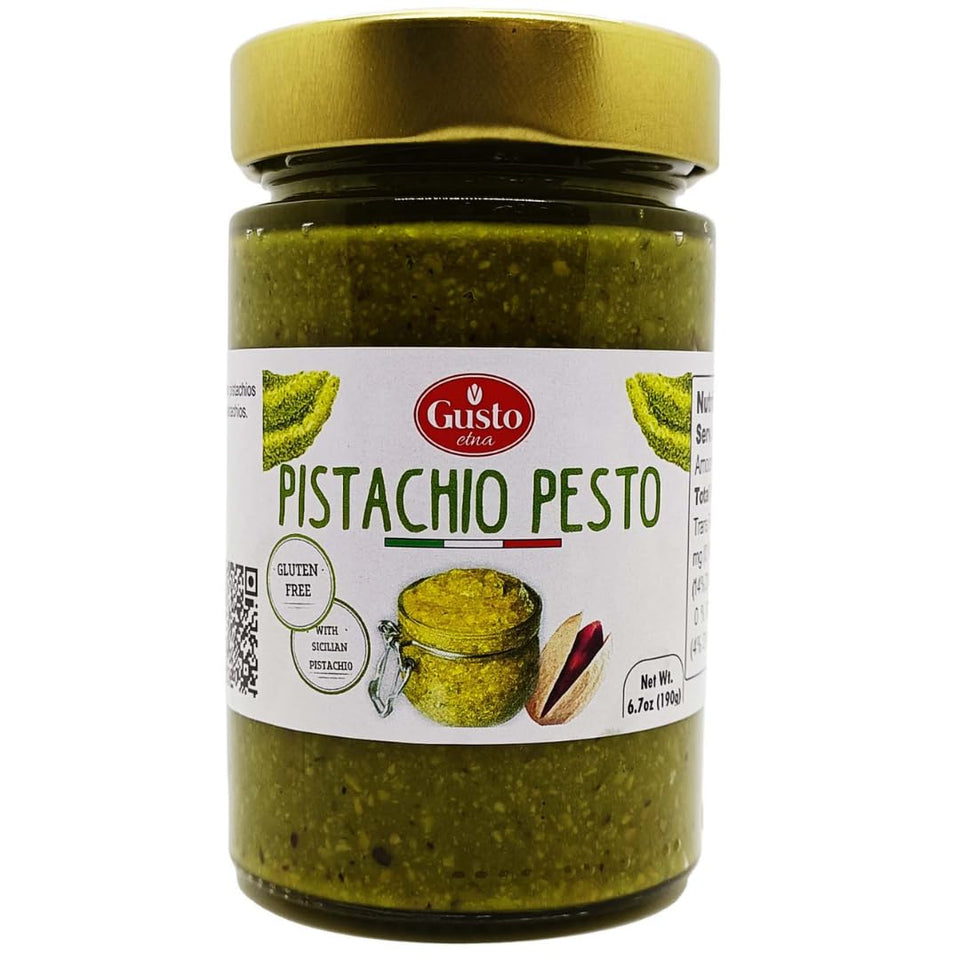 Gusto ETNA Sicilian Pistachio Pesto jar, ready to elevate pasta or bruschetta.