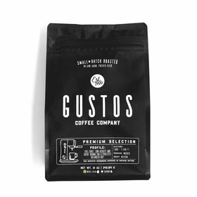 Gustos Coffee Premium Selection packaging showcases premium whole beans for home use.
