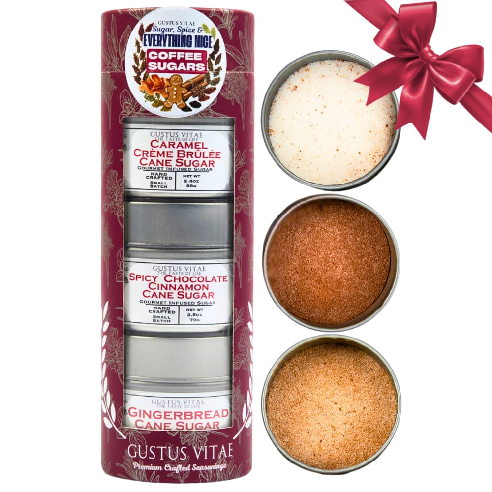 Gustus Vitae coffee sugars trio gift set packaging highlights premium flavors