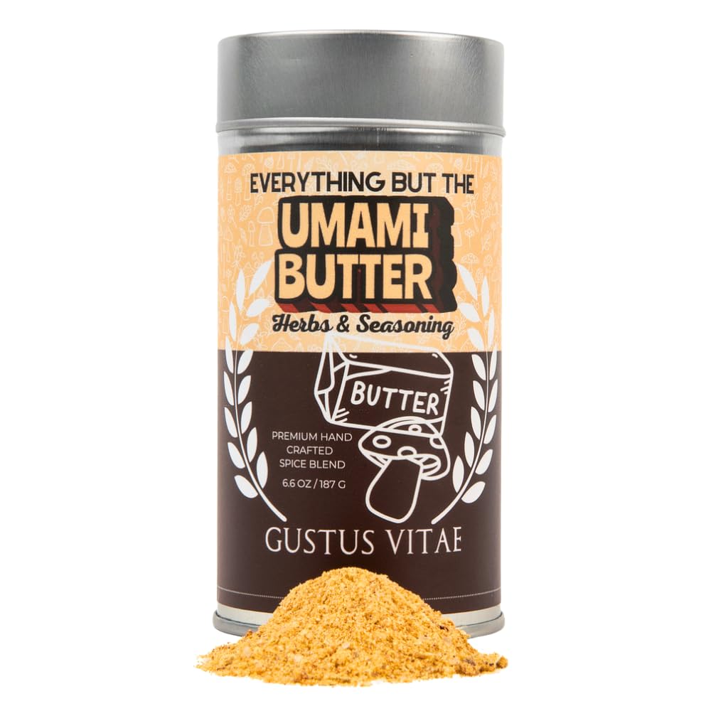 Gustus Vitae Everything But The Umami Butter Blend jar close-up, showcasing rich aroma and versatility.