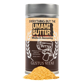 Gustus Vitae Everything But The Umami Butter Blend jar close-up, showcasing rich aroma and versatility.