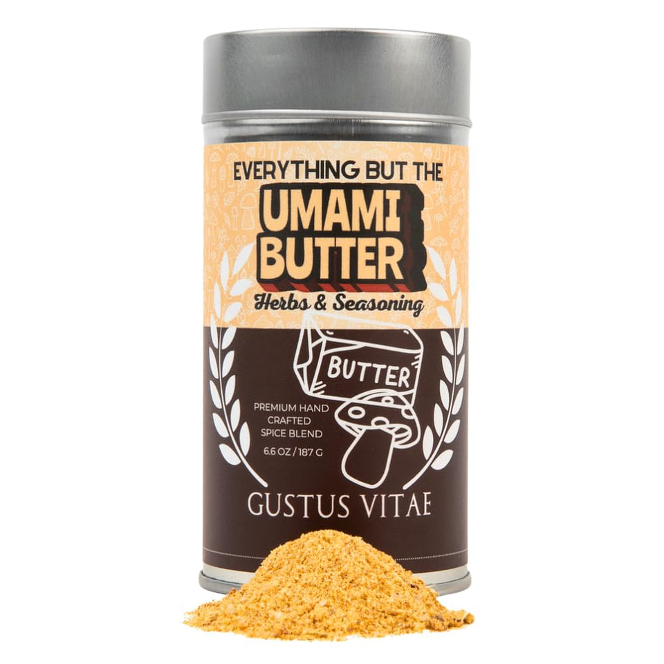 Gustus Vitae Everything But The Umami Butter Blend jar close-up, showcasing rich aroma and versatility.