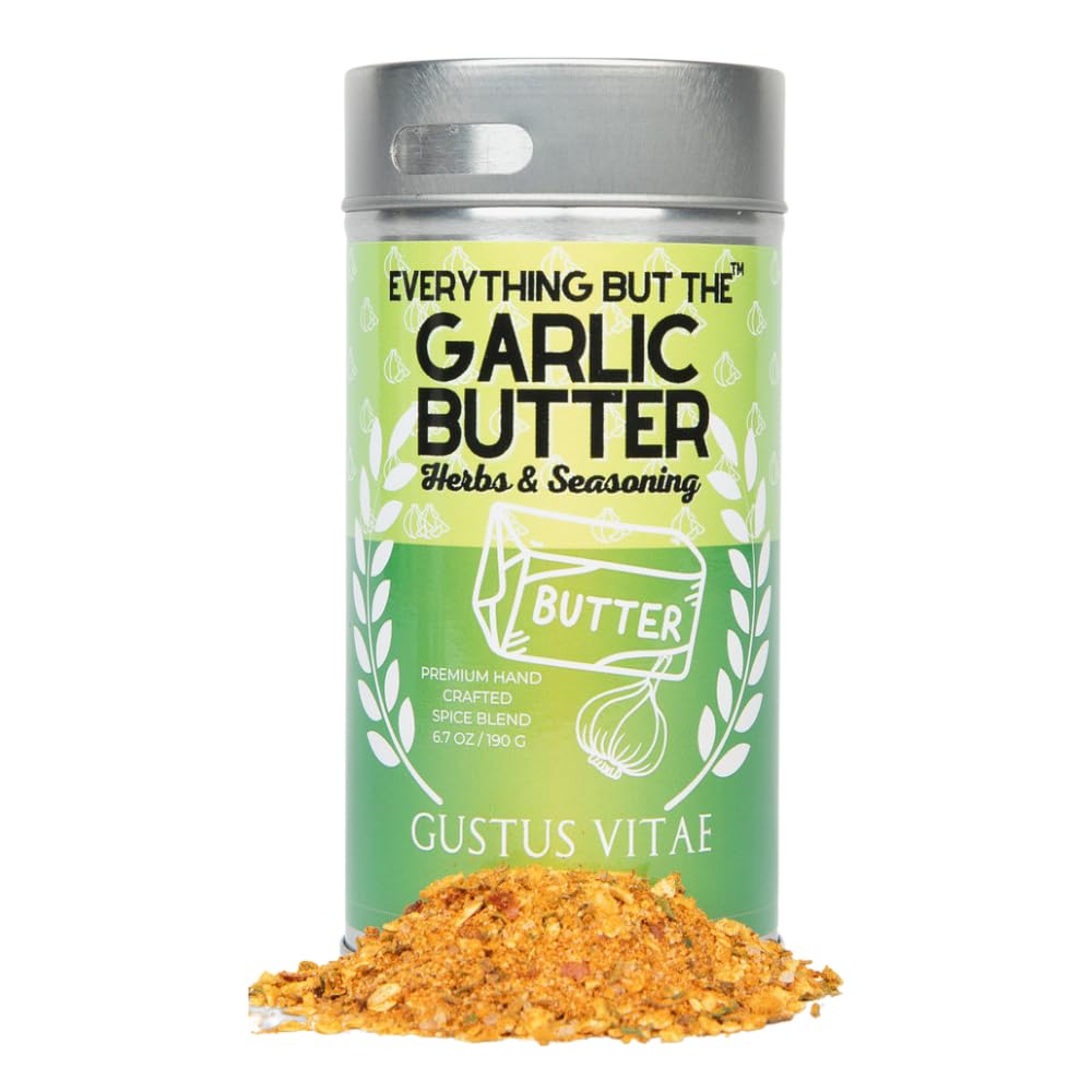 Gustus Vitae Everything But The Garlic Butter spice bottle offers garlicky aroma for grilling.
