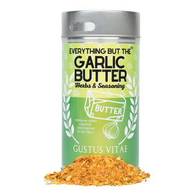 Gustus Vitae Everything But The Garlic Butter spice bottle offers garlicky aroma for grilling.