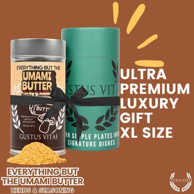 Gustus Vitae no-artificial-ingredients label reinforces clean, transparent seasoning for home cooks.
