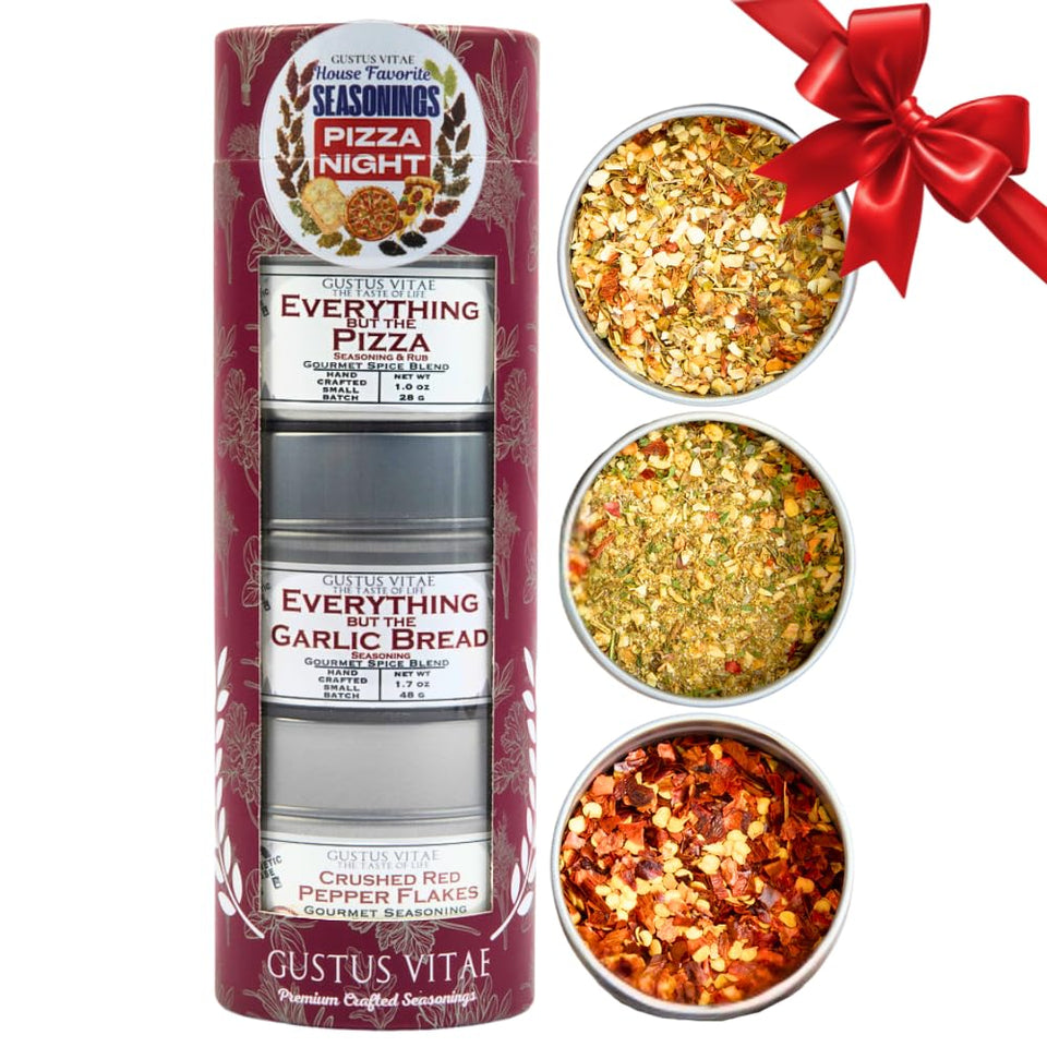 Gustus Vitae pizza night seasonings dusted on hot slices for bold, savory flavor.