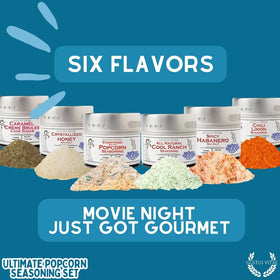 Gustus Vitae popcorn seasoning pour on fresh popcorn, showing easy drizzle.
