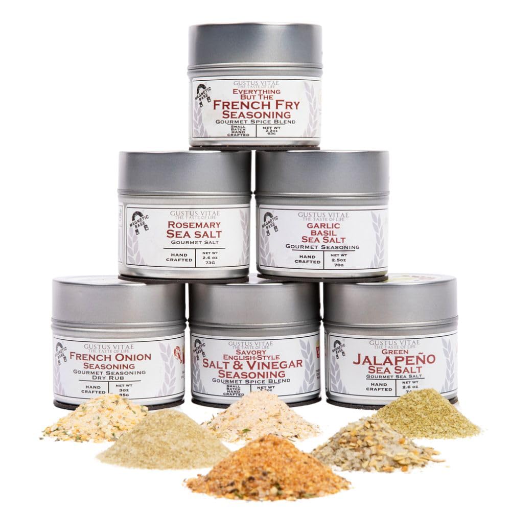 Gustus Vitae six-pack french fry seasonings in magnetic tins for easy kitchen organization.