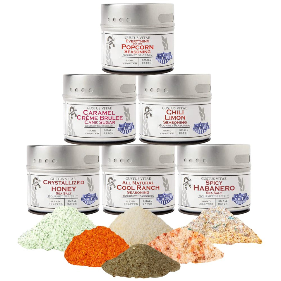 Gustus Vitae six-pack popcorn seasoning set displayed on kitchen counter for flavor exploration.