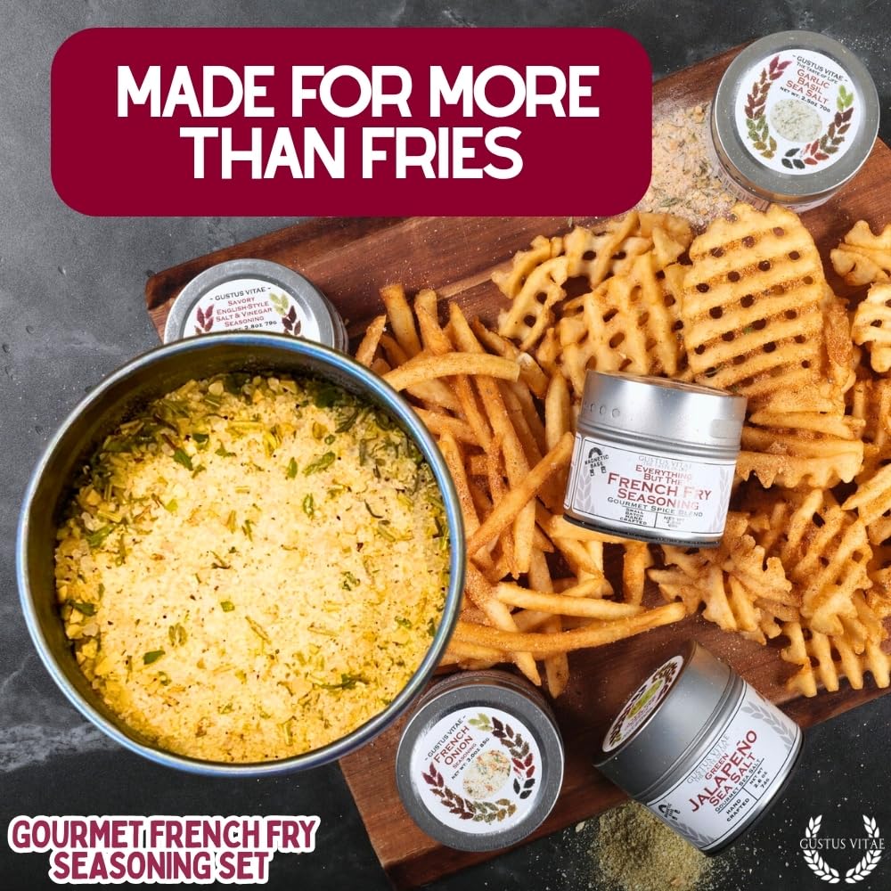 Small-batch Gustus Vitae spice blends shown alongside fresh ingredients.