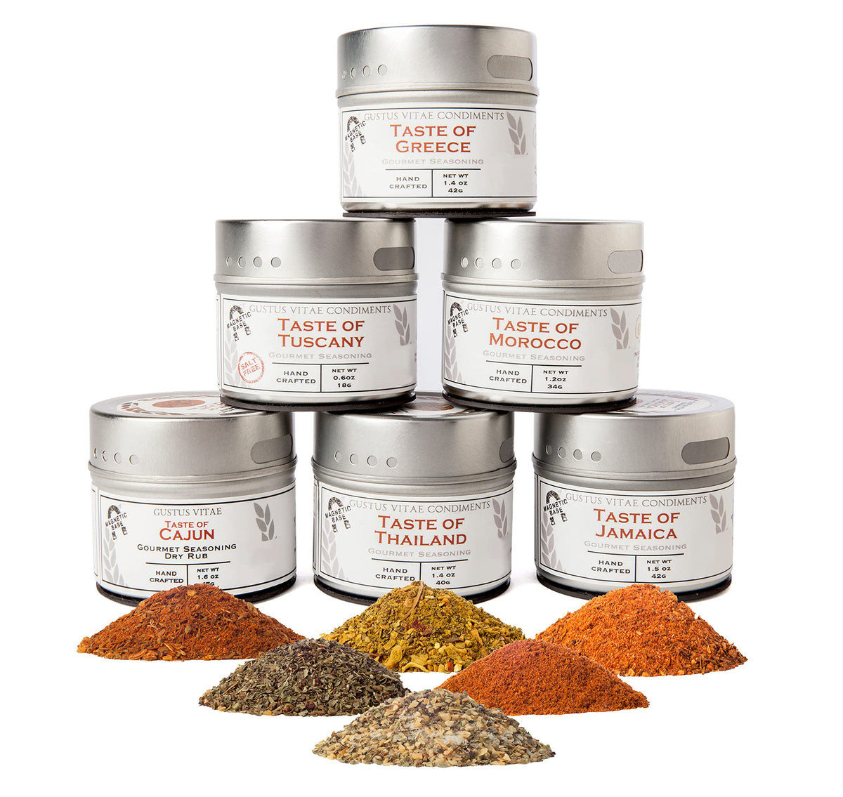 Gustus Vitae World Flavors bottle close-up shows premium spices for elevated dishes.