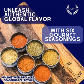 Gustus Vitae World Flavors magnetic tins on fridge for quick, on-hand seasoning.