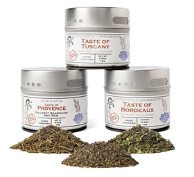 Gustus Vitae Italian French Countryside spice set in magnetic tins for gourmet meals.