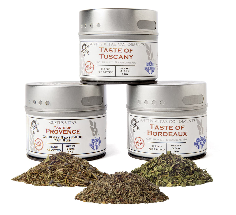 Gustus Vitae Italian French Countryside spice set in magnetic tins for gourmet meals.