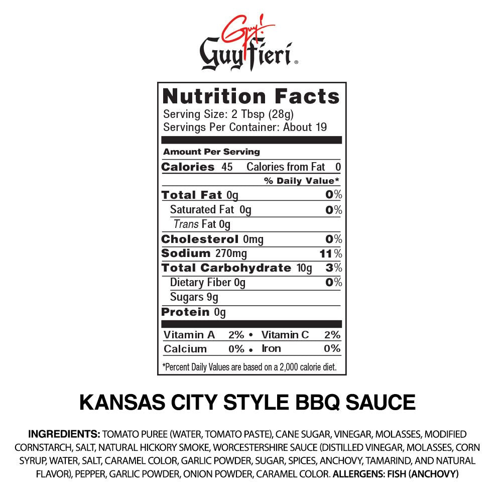 Guy Fieri Kansas City BBQ sauce label highlights gluten-free recipe and bold, smoky flavor for any cookout.