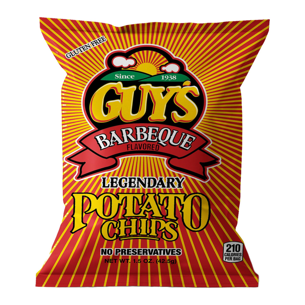 Guy's BBQ Potato Chips bag front shows bold flavor for on-the-go snacking.