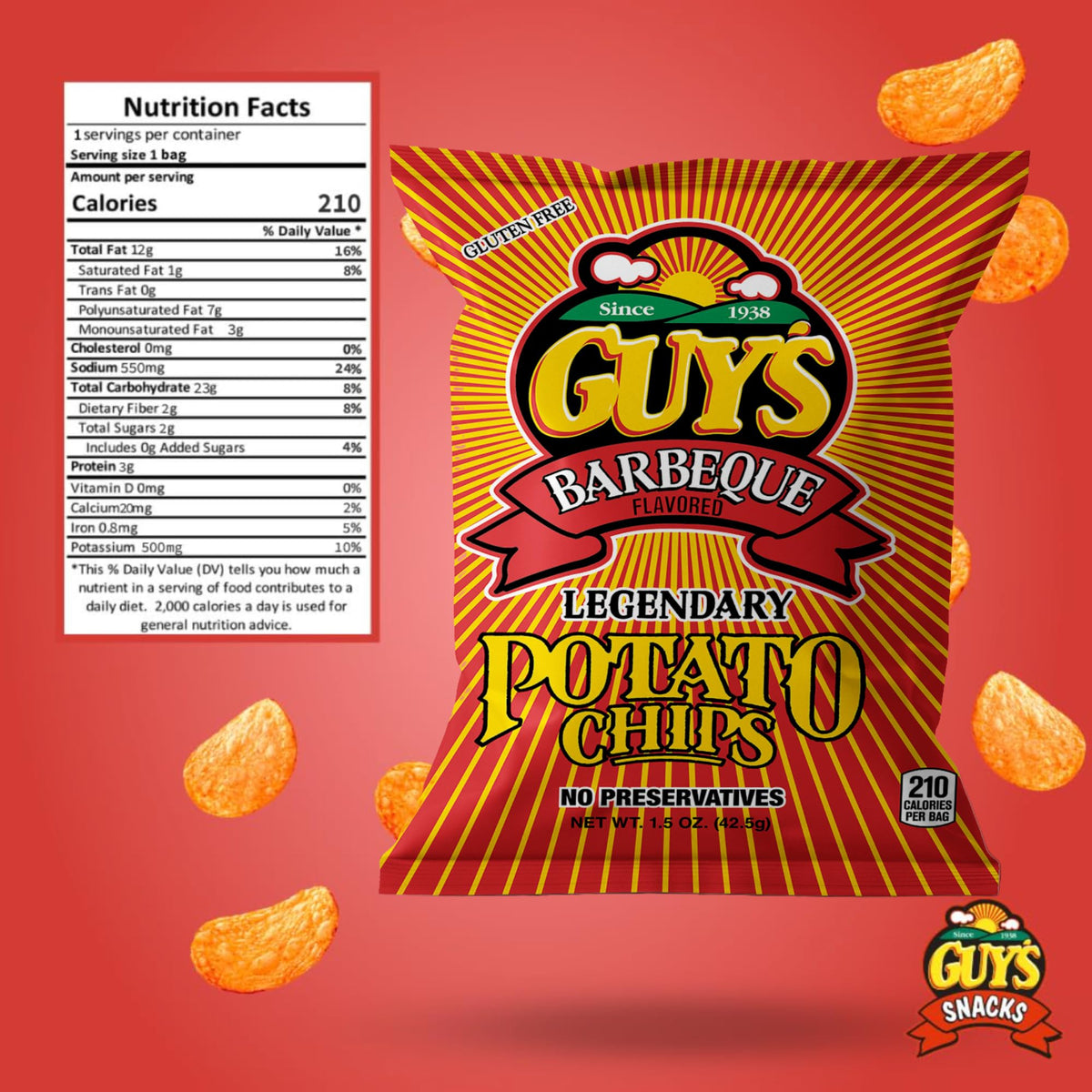 Retail display of Guy's BBQ Potato Chips bulk packs.