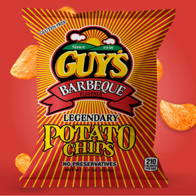 Close-up of Guy's BBQ Potato Chips texture and smoky spices.