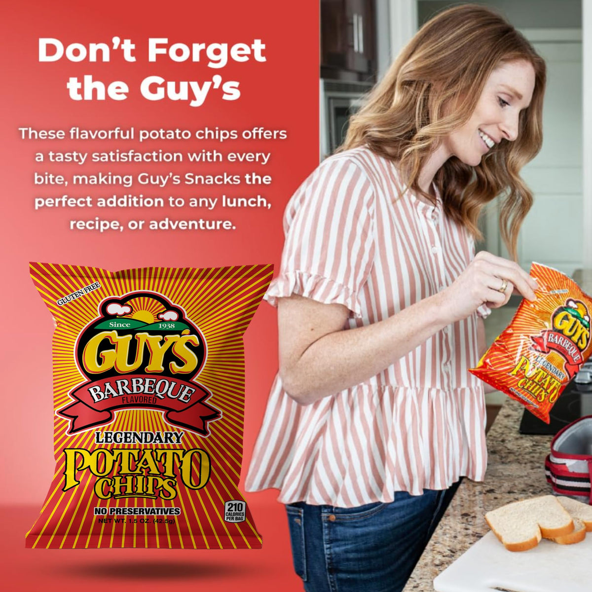 Guy's BBQ Potato Chips on kitchen counter ready for quick lunch.
