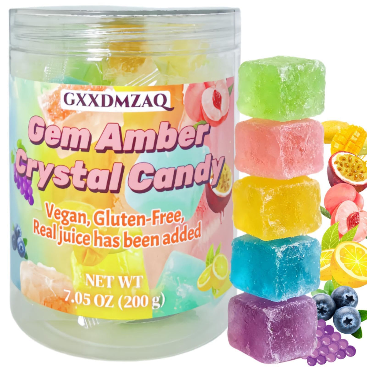 GXXDMZAQ Japanese Crystal Amber Candy jar showing convenient reseal and colorful gem shapes.