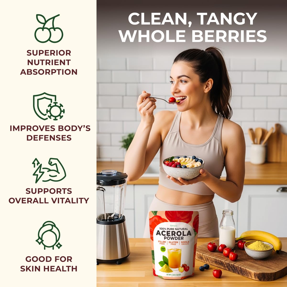 Gya Tea Co Acerola cherry powder measuring cup scene for quick portions