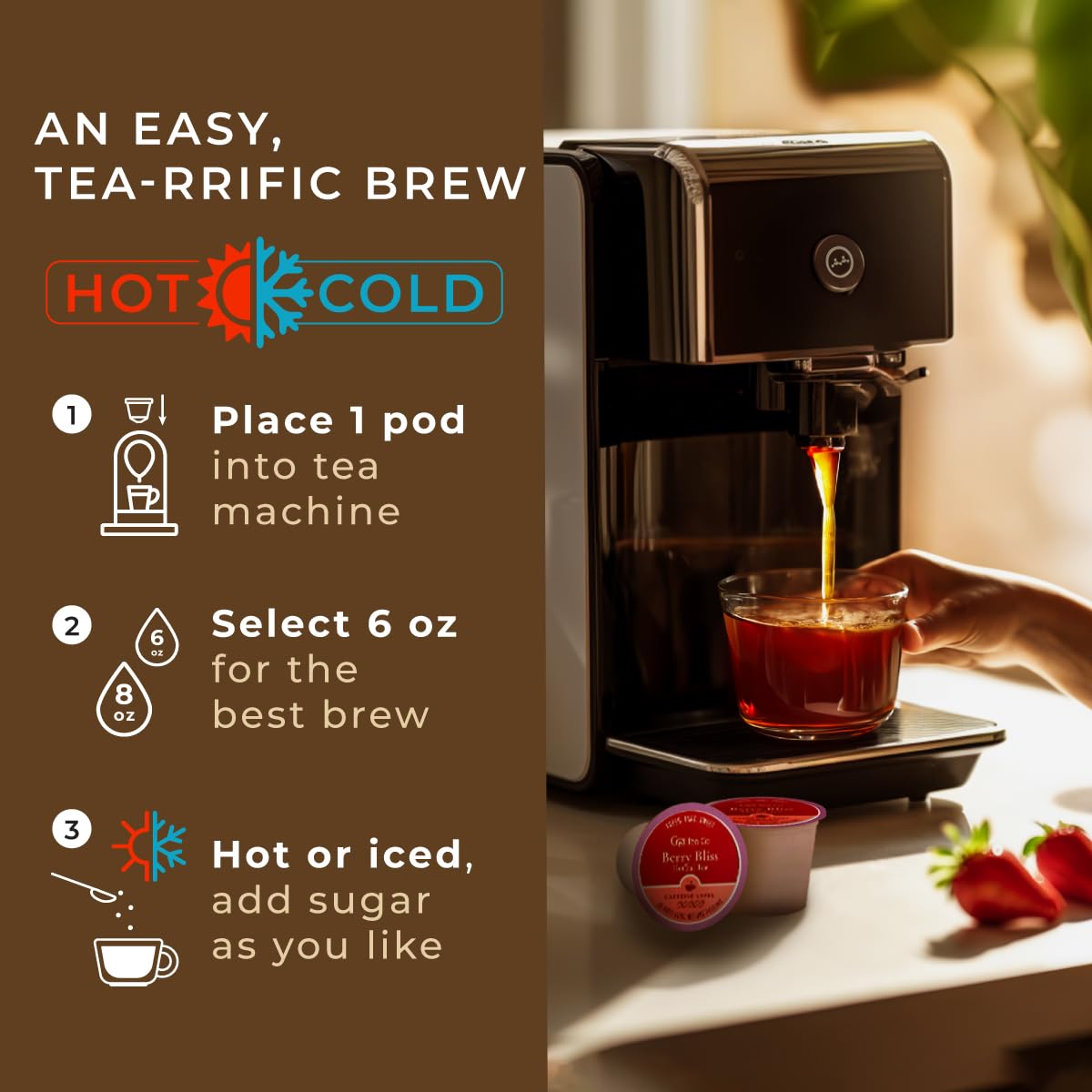 Ice brewed Berry Bliss pod offers a refreshing caffeine-free chill