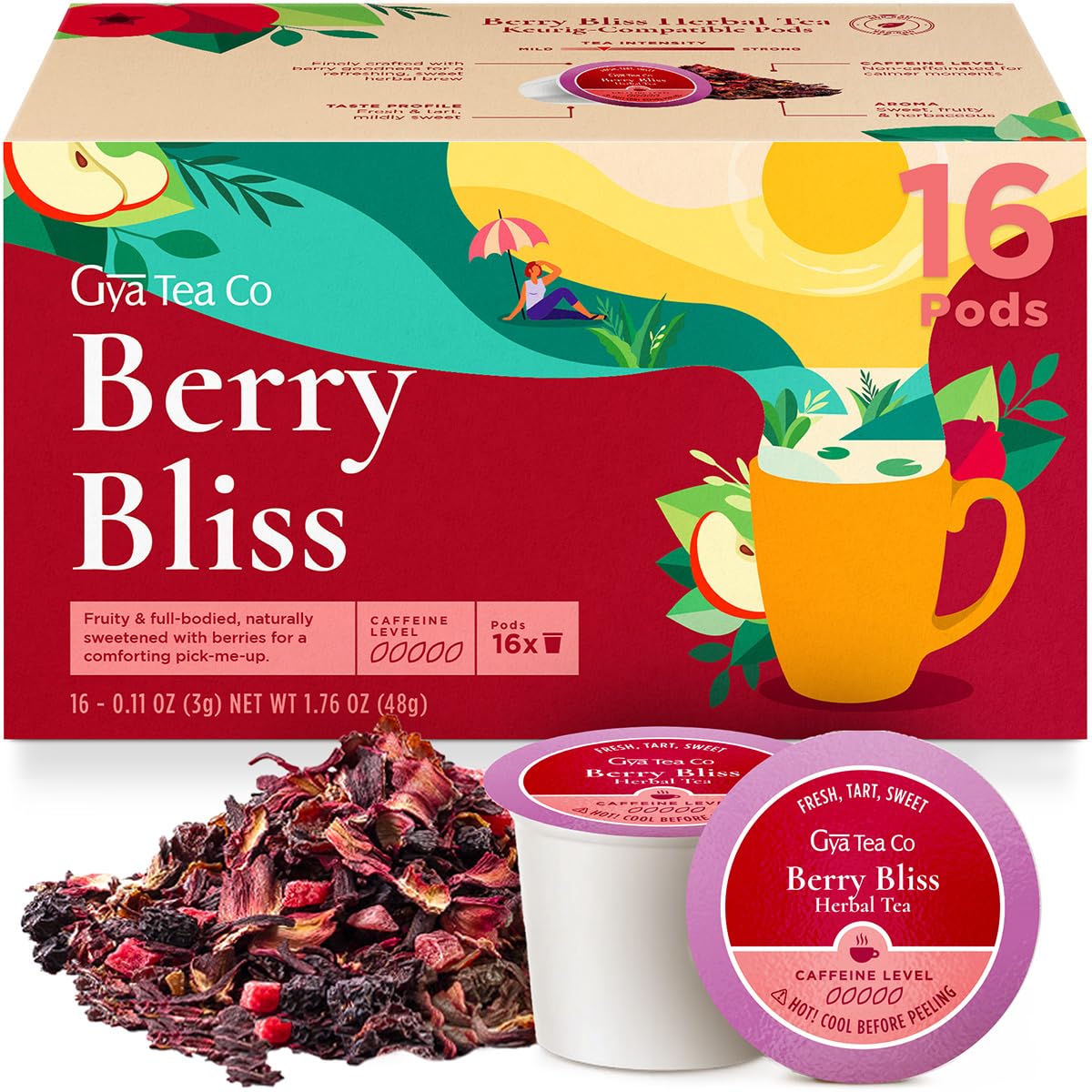 Gya Tea Co Berry Bliss pod pouring into a cup, caffeine-free berry delight