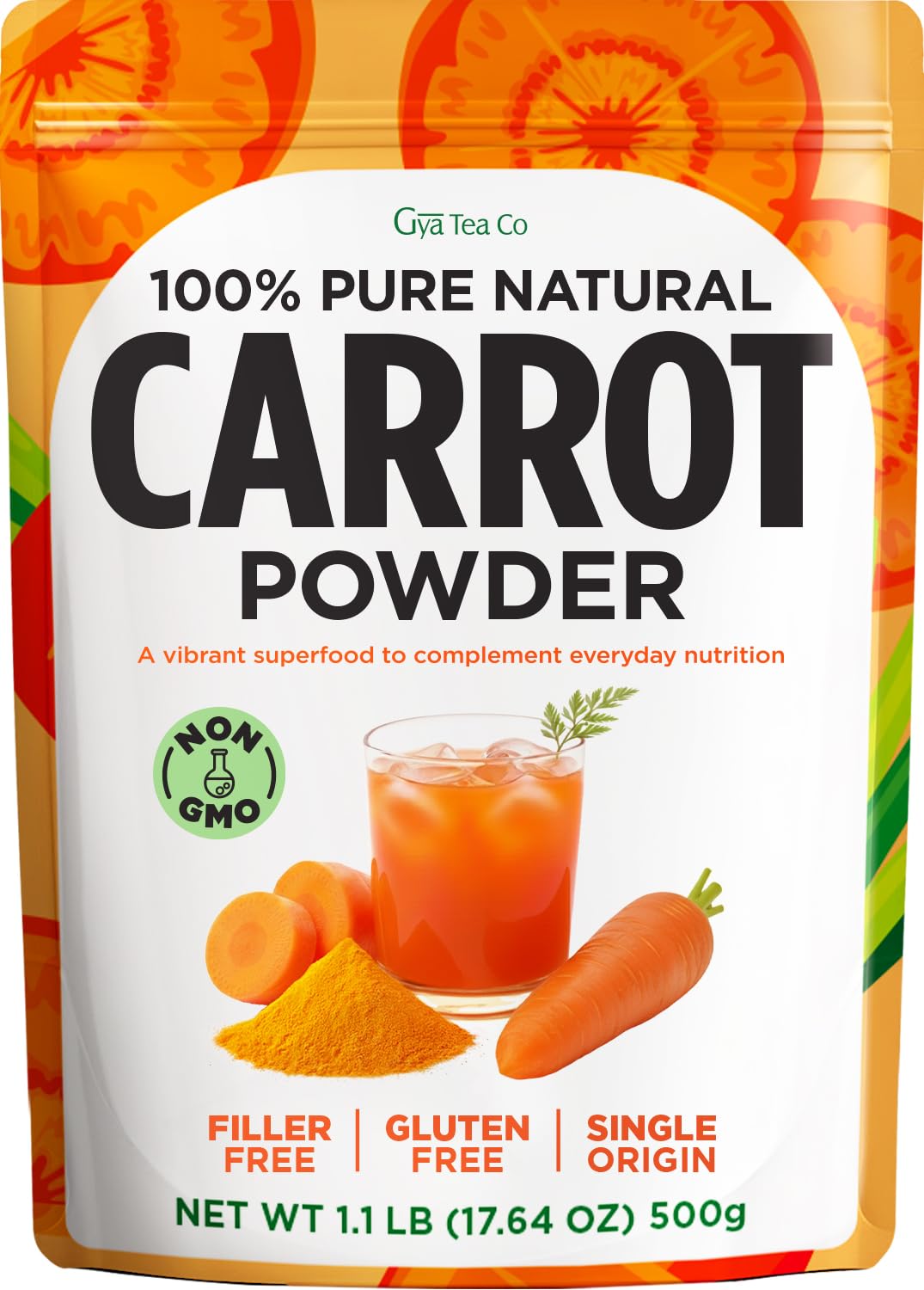 Gya Tea Co carrot powder bottle pour supports quick daily nutrition.