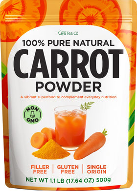 Gya Tea Co carrot powder bottle pour supports quick daily nutrition.