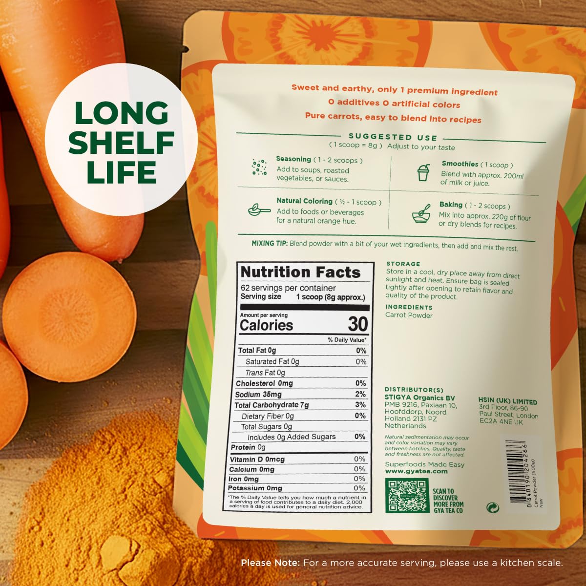 Gya Tea Co carrot powder measuring scoop highlights easy portioning for smoothies.