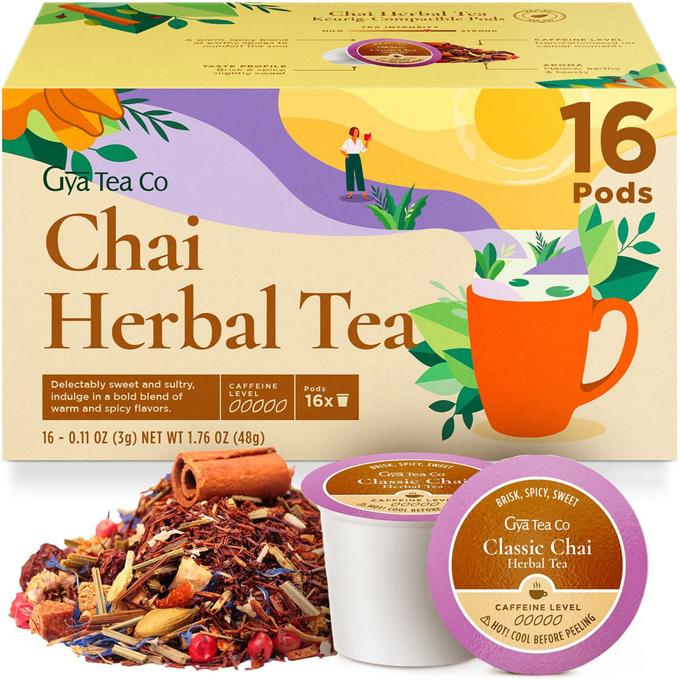 Gya Tea Co chai herbal tea pod packaging showcases premium decaf blend for calm moments.