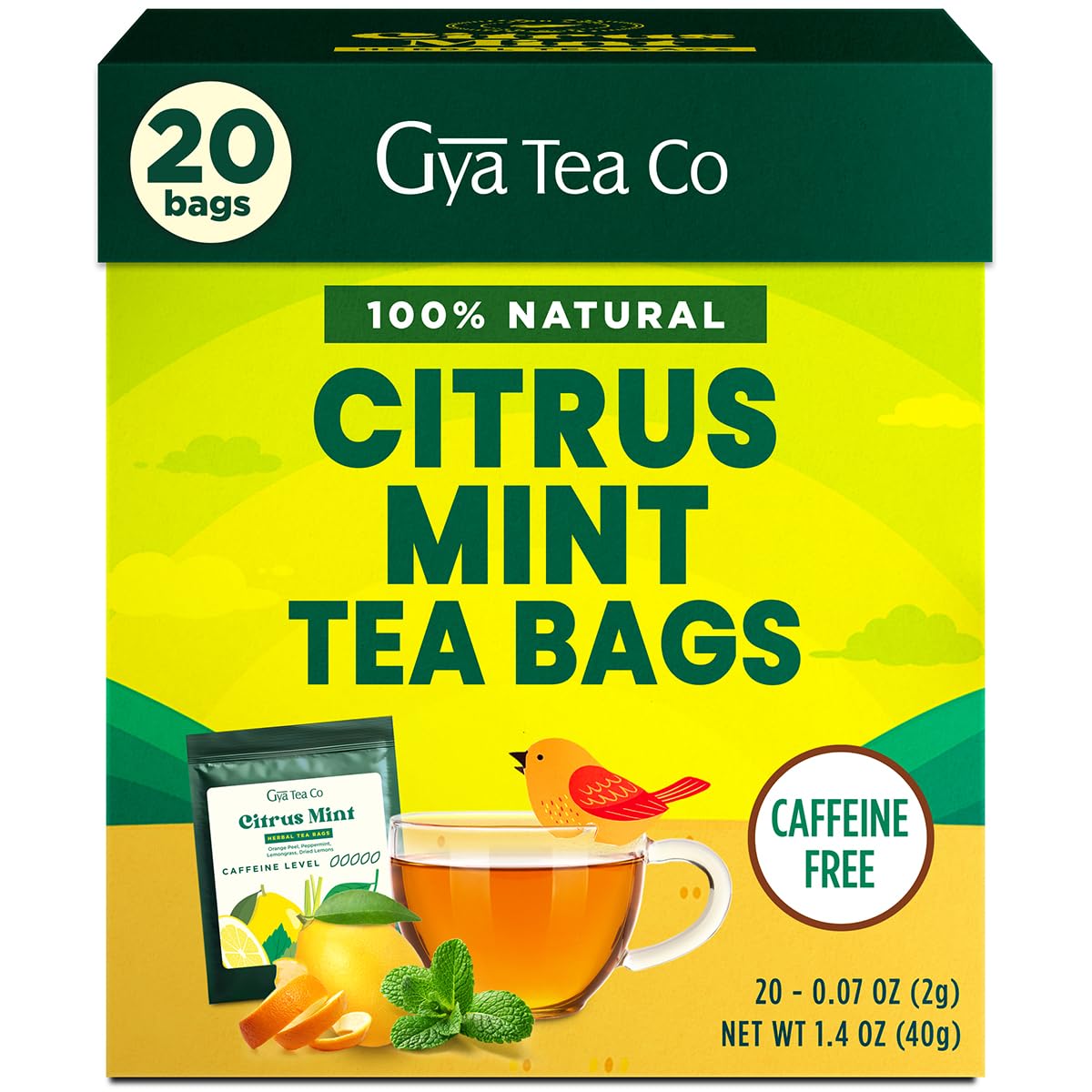 Gya Tea Co Citrus Mint tea bags emit a refreshing citrus-mint aroma.