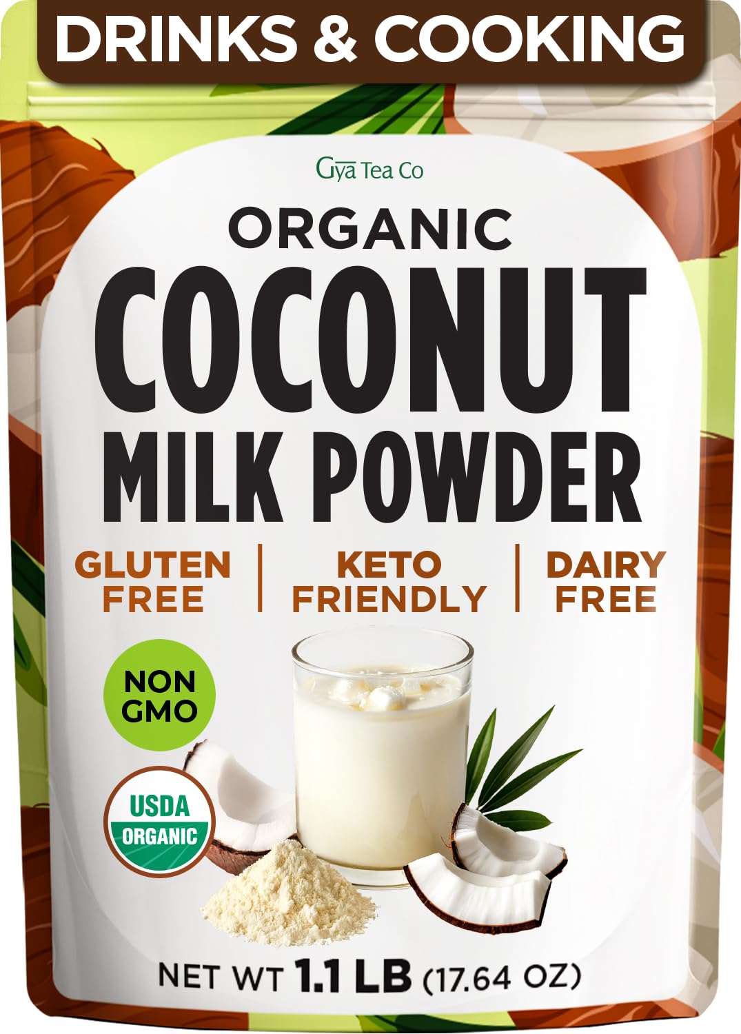 Gya Tea Co coconut milk powder packaging shows organic, ready-to-use dairy-free cream base