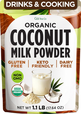 Gya Tea Co coconut milk powder packaging shows organic, ready-to-use dairy-free cream base