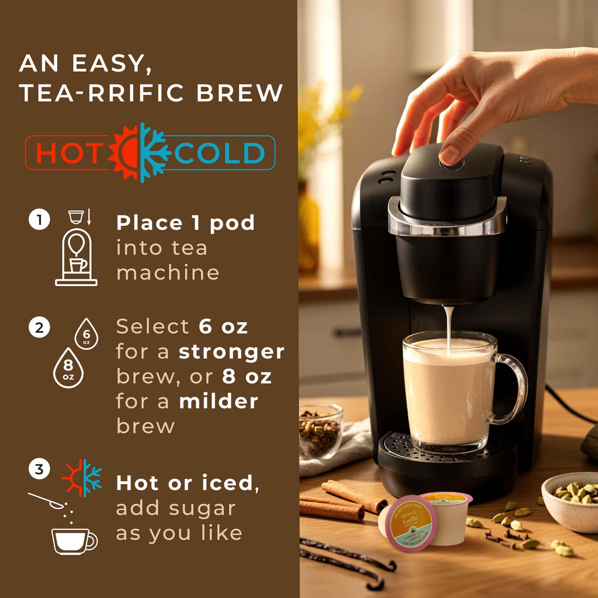 Gya Tea Co rich creamy latte pour showcases indulgent vanilla chai notes.