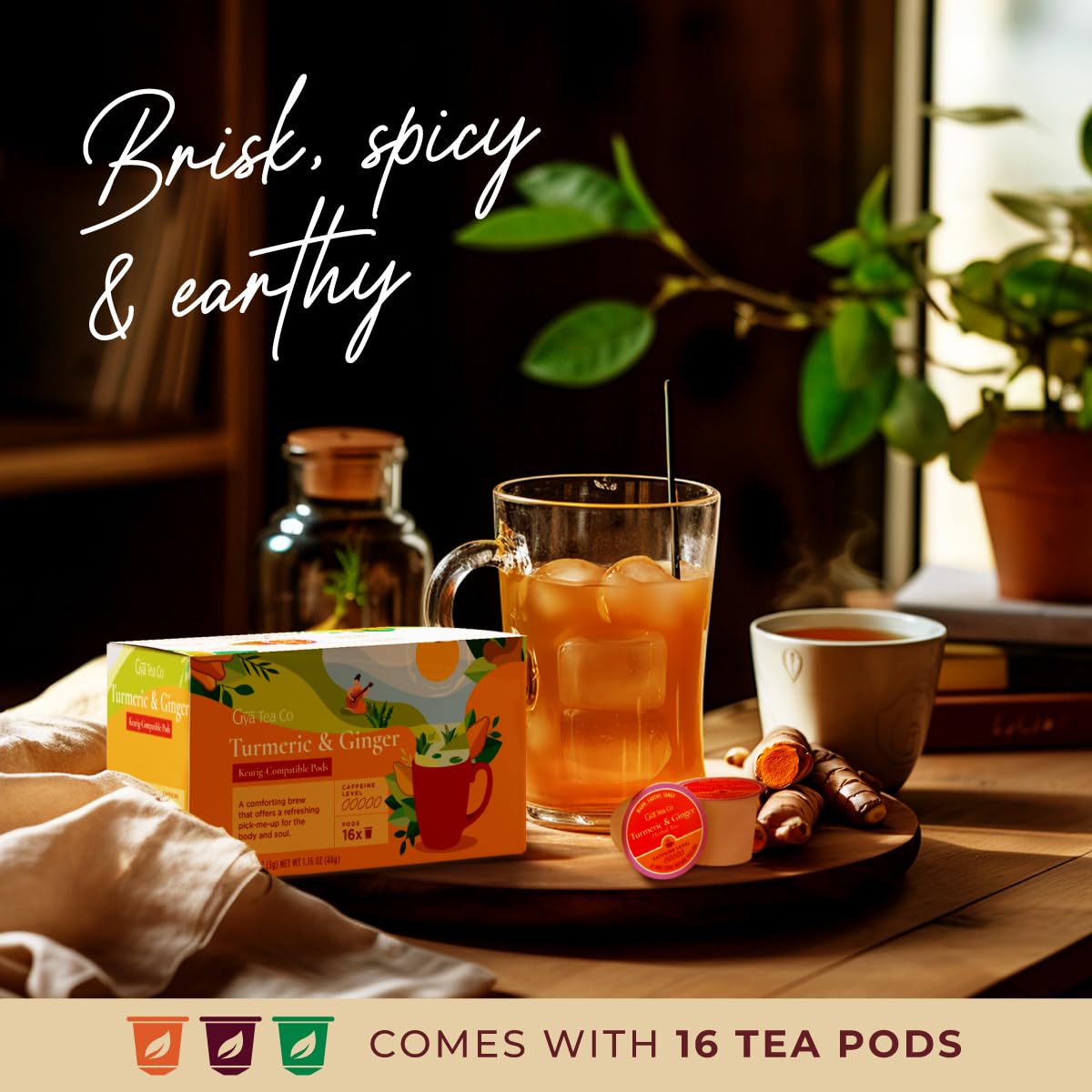 Gya Tea Co decaf wellness tea pod brewing in cup