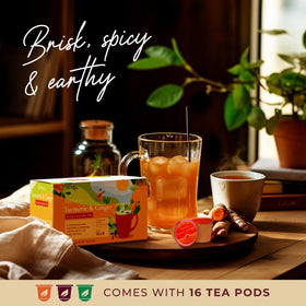 Gya Tea Co decaf wellness tea pod brewing in cup