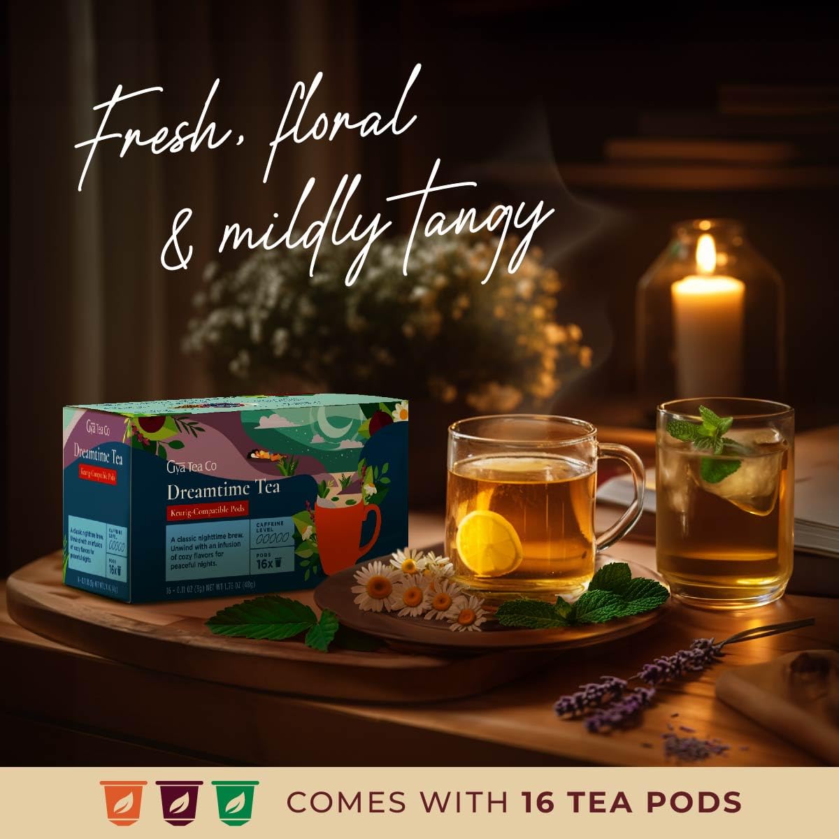 Gya Tea Co Dreamtime pod packaging box highlighting French-sourced ingredients