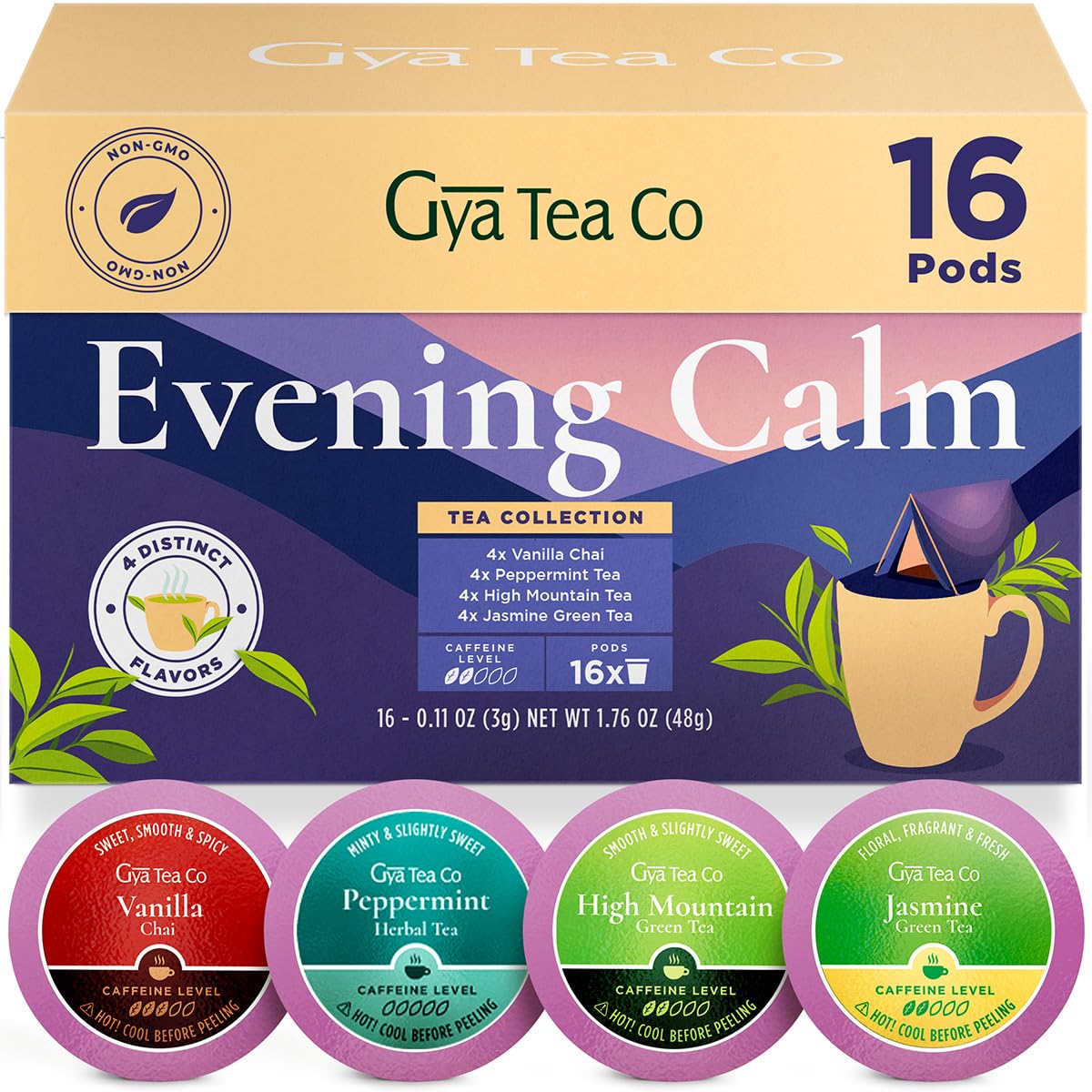 Gya Tea Co Evening Calm collection of assorted tea pods for a peaceful evening ritual.