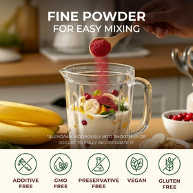 Gya Tea Co Freeze Dried Cranberry Powder label closeup showing unsweetened formula.