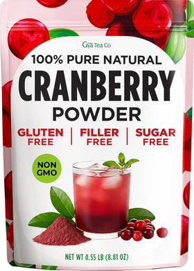 Gya Tea Co Freeze Dried Cranberry Powder packaging on shelf highlighting convenient, additive-free quality.
