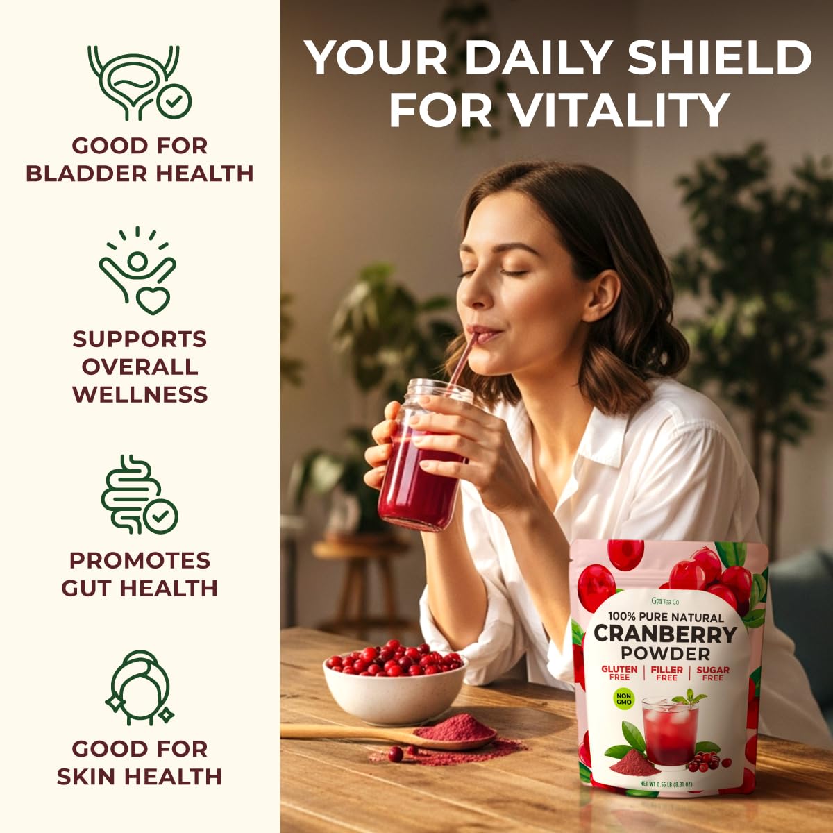 Gya Tea Co Freeze Dried Cranberry Powder in a vibrant smoothie.