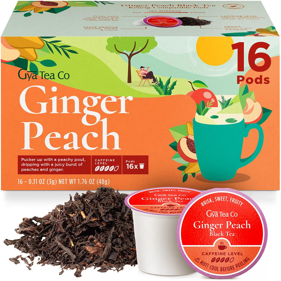 Gya Tea Co ginger peach tea pod close-up, premium flavor ready for brewing.