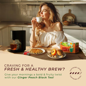Gya Tea Co ginger peach tea pod packaging for quick, flavorful breaks.
