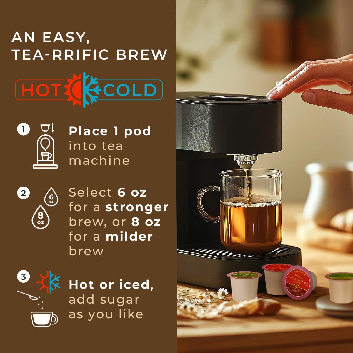 Gya Tea Co Ginger Peach pod offering soothing zest with a warm finish.