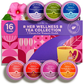 Gya Tea Co Her Wellness tea pod box with eight flavors for a soothing break.